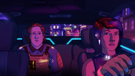 HD desktop wallpaper featuring a scene from Neo Cab with a driver and passenger inside a neon-lit futuristic cab.