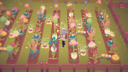 HD wallpaper of the game Ooblets, featuring a character in a whimsical farm setting with colorful plants and creatures.
