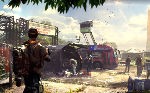 4K Ultra HD PC desktop wallpaper featuring a scene from Tom Clancy's The Division 2 with armed characters and a post-apocalyptic urban setting under a cloudy sky.