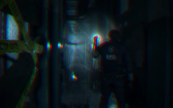 Leon S. Kennedy (Resident Evil 2, 2019) HD PC wallpaper: silhouetted in a dim corridor, flashlight and pistol raised, with a glitchy RGB/chromatic aberration effect.