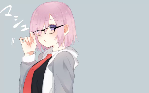 HD PC desktop wallpaper featuring Mashu Kyrielight from the anime Fate/Grand Order, depicted with pink hair and glasses against a light blue background.