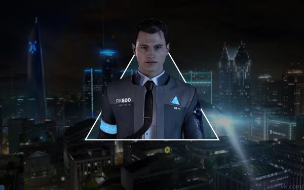 HD PC desktop wallpaper featuring Connor, the android protagonist from the video game Detroit: Become Human, against a futuristic cityscape at night.