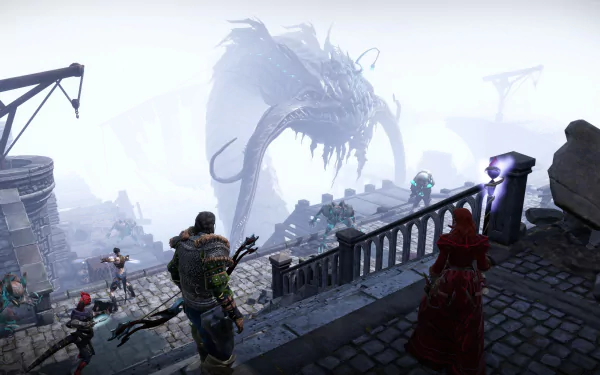 4K Ultra HD PC wallpaper from Divinity: Original Sin II — a group of adventurers on a foggy citadel terrace overlooking a massive, looming sea-monster.