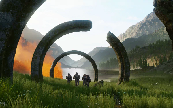 HD desktop wallpaper from Halo Infinite featuring soldiers in a scenic landscape with iconic ring structures and mountains in the background.