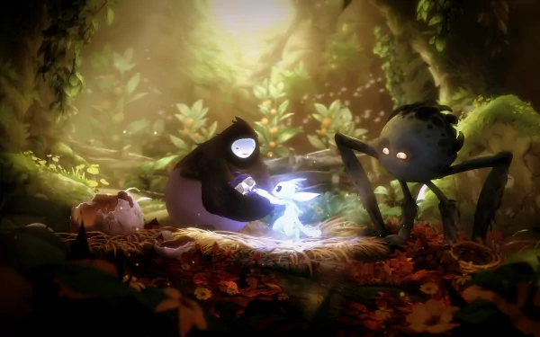 HD wallpaper featuring characters from Ori and the Will of the Wisps in an enchanting forest scene.