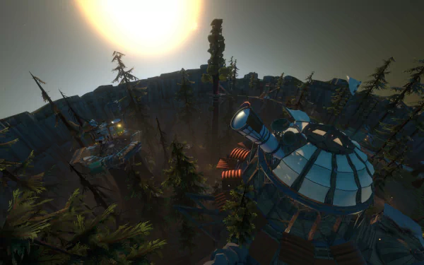 HD wallpaper of Outer Wilds featuring an observatory amid forest ruins under a sunset.