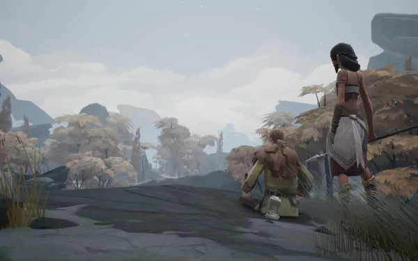 HD desktop wallpaper from the game Ashen featuring two characters traversing a rocky, misty landscape.