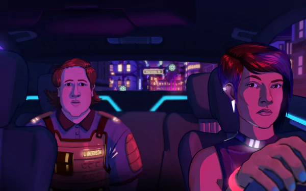 HD desktop wallpaper featuring a scene from Neo Cab with a driver and passenger inside a neon-lit futuristic cab.