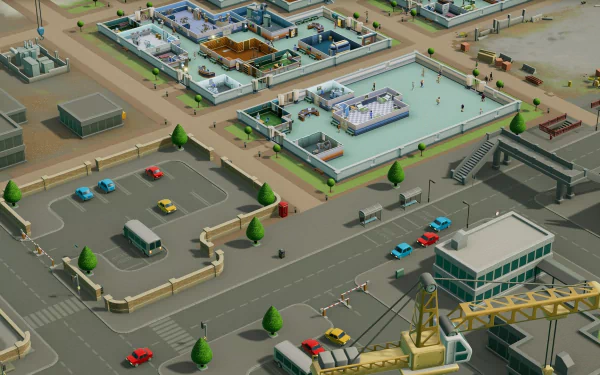 HD desktop wallpaper featuring an isometric view of a hospital from the game Two Point Hospital with surrounding roads and vehicles.