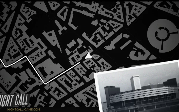 HD desktop wallpaper for Night Call featuring a stylized black and white city map and a monochrome cityscape.