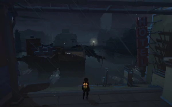 HD desktop wallpaper featuring a scene from Sea of Solitude with a character overlooking a dark, flooded cityscape.