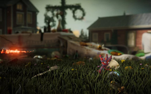 HD wallpaper of Unravel Two featuring two yarn characters in a lush, detailed environment with rural buildings in the background.