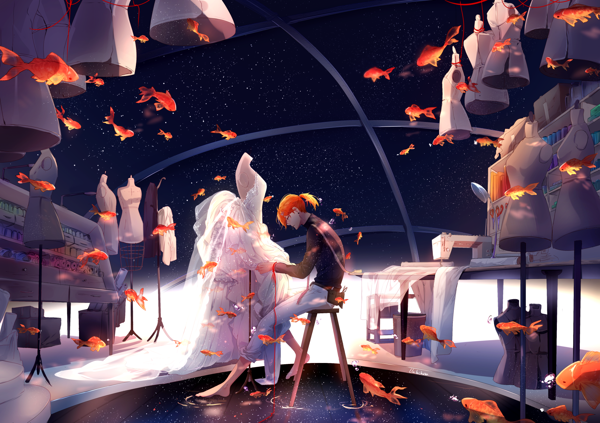 A 4K Ultra HD anime scene featuring a person with short orange hair in a ponytail, surrounded by glowing fish in a surreal, dimly lit studio filled with sculptures and art materials.
