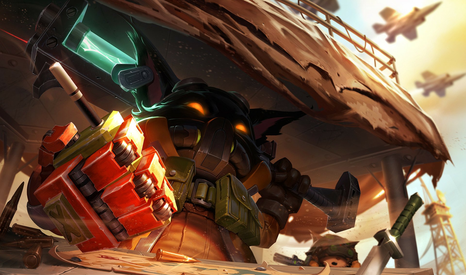 HD PC desktop wallpaper: League of Legends video game scene of Veigar and Teemo amid wreckage, explosive gear and dramatic sunset lighting.