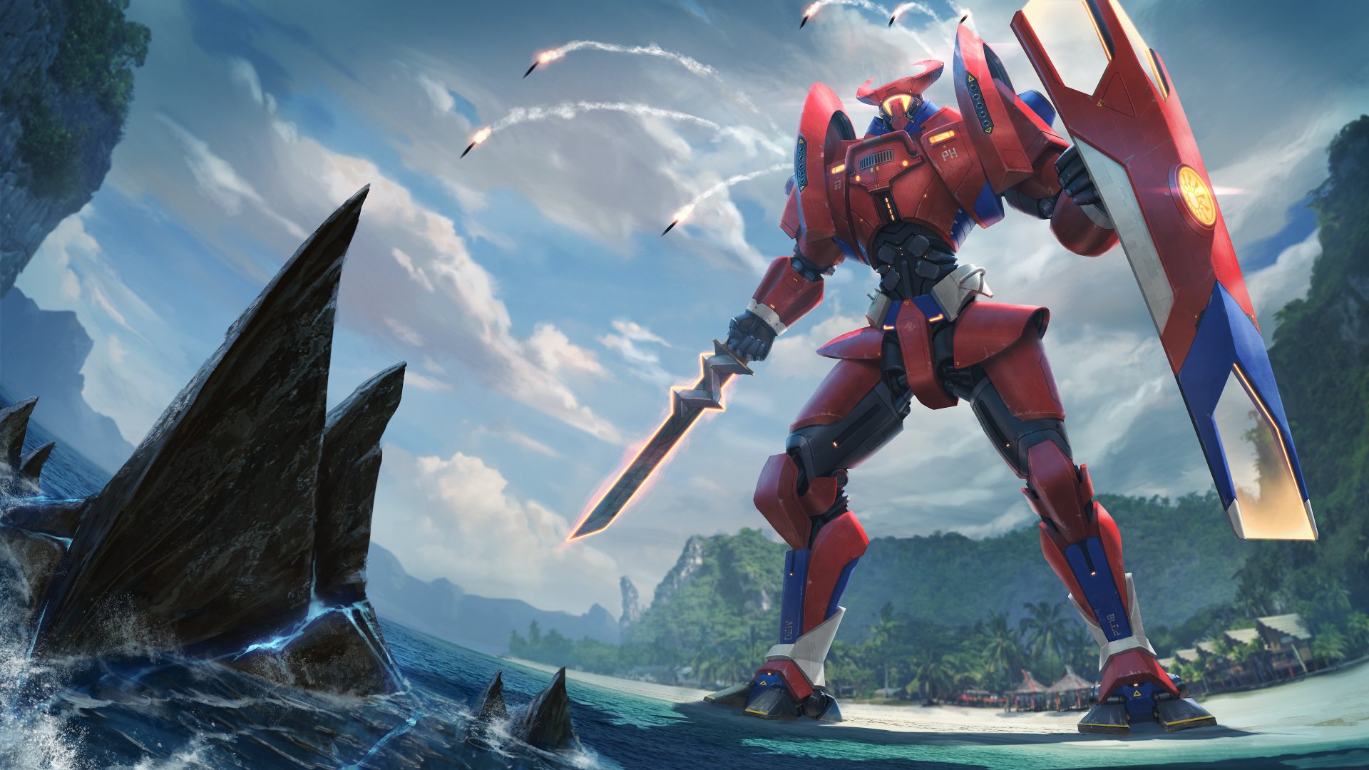 4K Ultra HD PC wallpaper: red sci-fi robot on a rocky shore wielding sword and shield while missiles streak across a tropical sky.