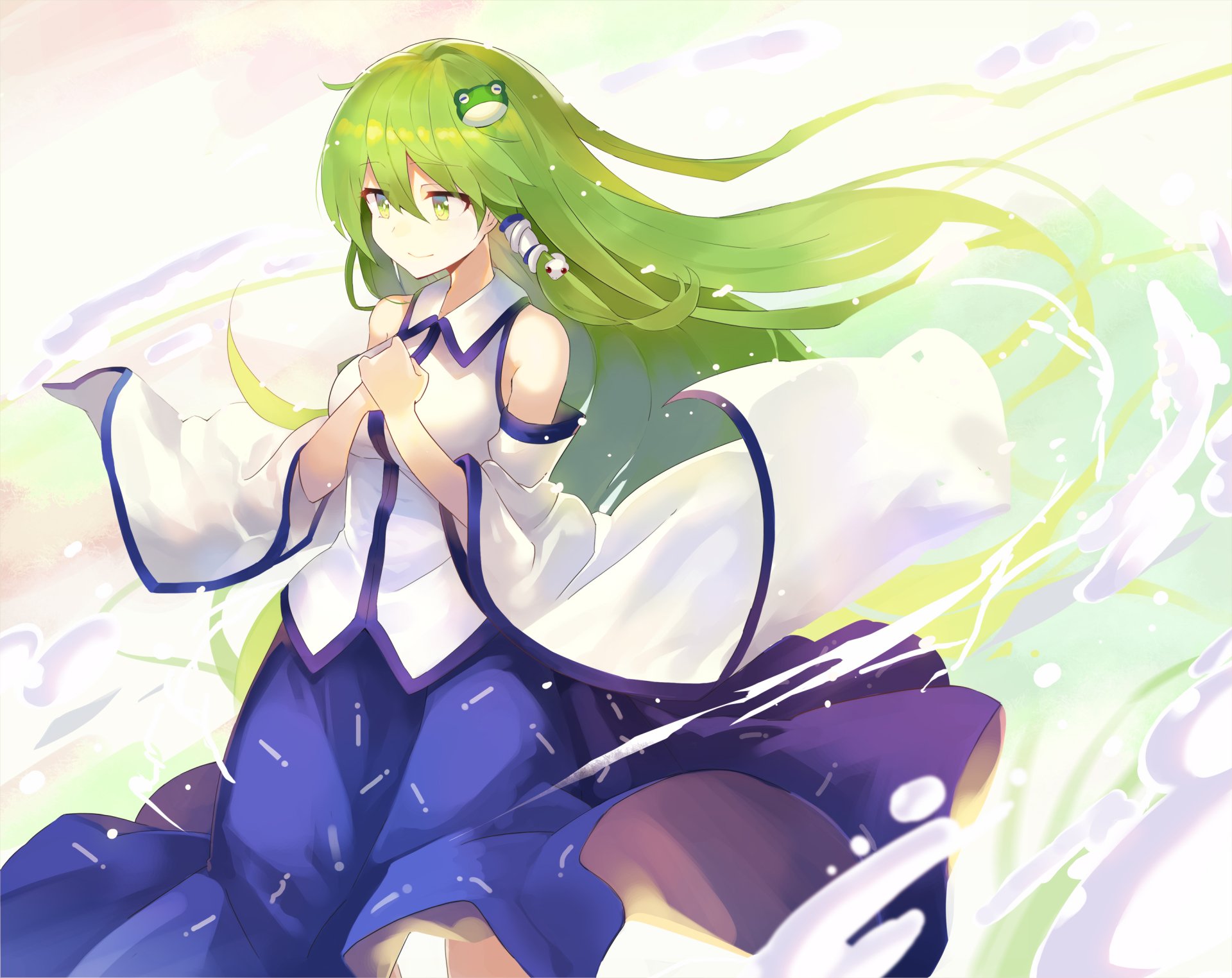 Anime-style HD desktop wallpaper of Sanae Kochiya with long green hair and green eyes, smiling gently against a light, swirling background.