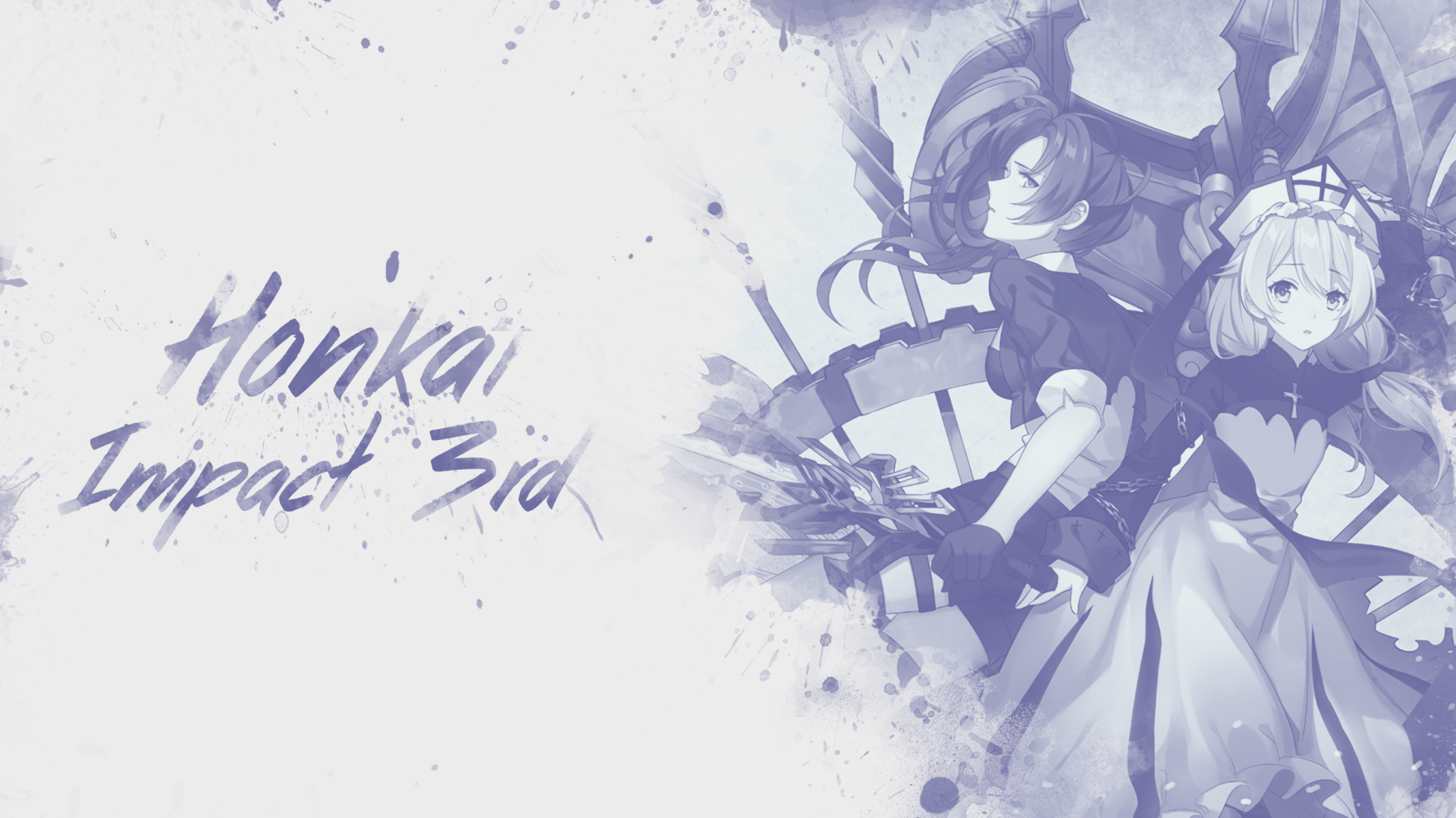 HD PC desktop wallpaper featuring characters from the video game Honkai Impact 3rd in a stylized, monochromatic design.