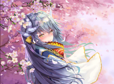 HD desktop wallpaper featuring Kiyohime from Fate/Grand Order, surrounded by cherry blossoms, showcasing vibrant anime-style art from the Fate series.