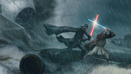 HD wallpaper featuring a dramatic duel between Darth Vader with a red lightsaber and Obi-Wan Kenobi with a blue lightsaber, battling in the rain with a crashed spaceship in the background.