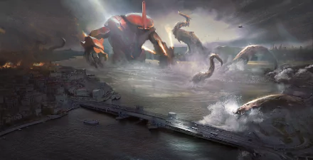 A sci-fi HD desktop wallpaper depicting a colossal robotic sea monster rising from stormy waters, its mechanical and tentacle limbs dominating a dark, foggy coastal cityscape.