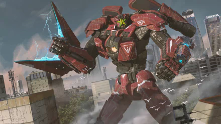 Sci-fi robot stomps through a city, red armored mech firing blue energy amid smoke and lightning — 2K Quad HD PC desktop wallpaper and background.