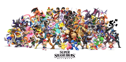 HD desktop wallpaper and background of Super Smash Bros. Ultimate featuring a vibrant collage of various video game characters in action poses.