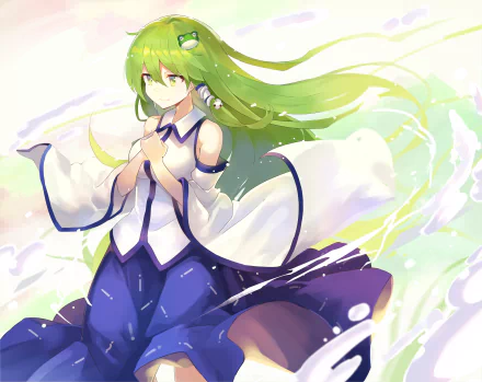 Anime-style HD desktop wallpaper of Sanae Kochiya with long green hair and green eyes, smiling gently against a light, swirling background.