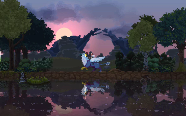 HD desktop wallpaper of Kingdom: Two Crowns featuring a character on a mount near water with a sunset and trees in the background.