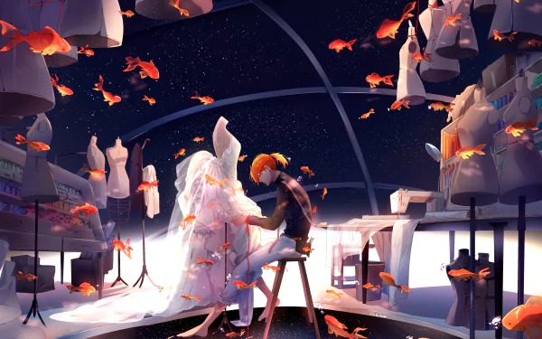 A 4K Ultra HD anime scene featuring a person with short orange hair in a ponytail, surrounded by glowing fish in a surreal, dimly lit studio filled with sculptures and art materials.