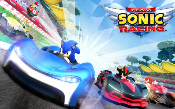 HD wallpaper of Team Sonic Racing featuring Sonic in a blue car leading a fast-paced race.