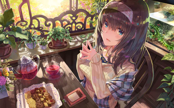 HD PC wallpaper featuring Fumika Sagisawa from The iDOLM@STER Cinderella Girls, depicted in a sunlit room surrounded by plants and tea.