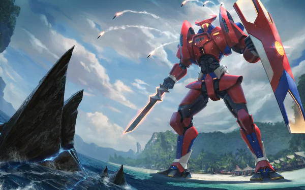 4K Ultra HD PC wallpaper: red sci-fi robot on a rocky shore wielding sword and shield while missiles streak across a tropical sky.