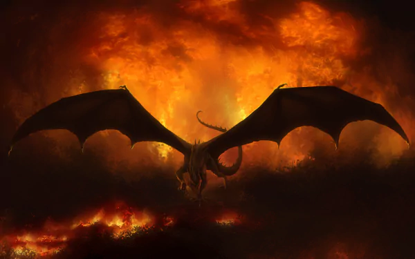 HD desktop wallpaper featuring a majestic dragon soaring amidst a blazing inferno, embodying a dramatic and fiery fantasy scene.