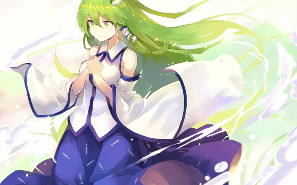 Anime-style HD desktop wallpaper of Sanae Kochiya with long green hair and green eyes, smiling gently against a light, swirling background.