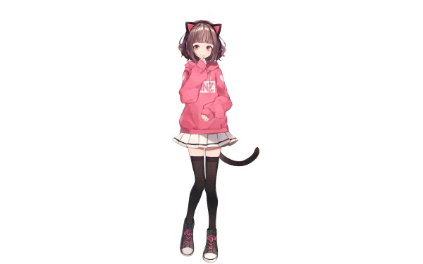 HD wallpaper of an anime girl with cat ears and tail, wearing a pink hoodie, white skirt, and black stockings, standing against a plain white background.