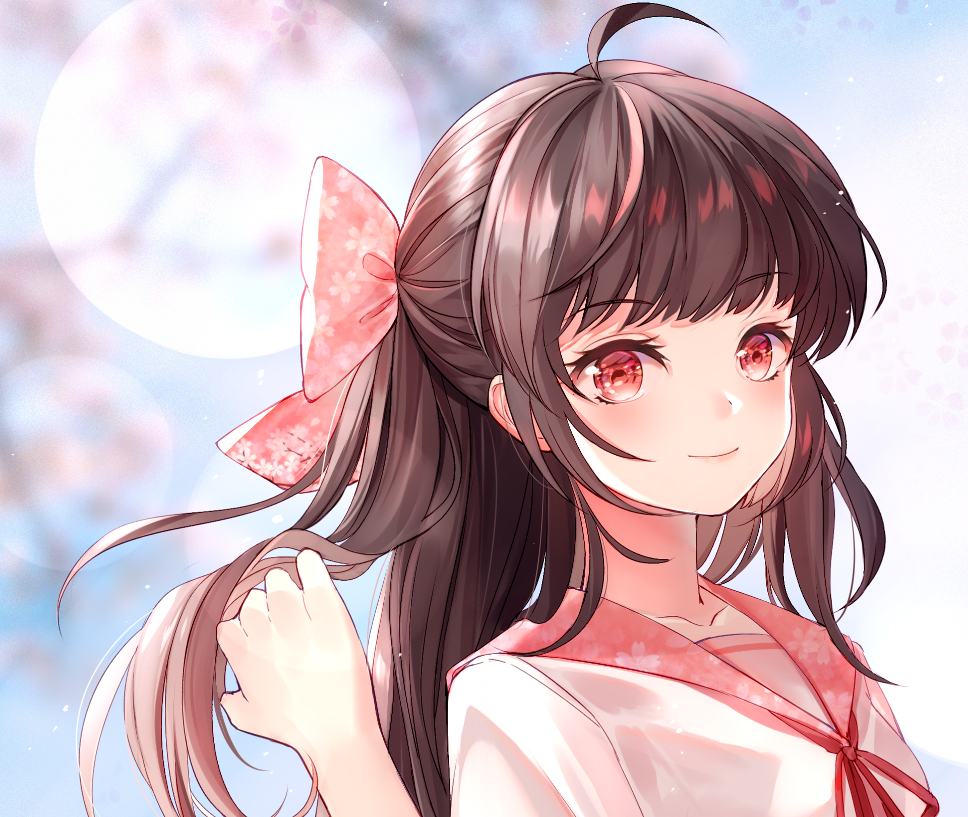 Download Smile Cherry Blossom Moon Pink Eyes Bow (Clothing) Brown Hair Long Hair Anime Original HD Wallpaper by 包菜