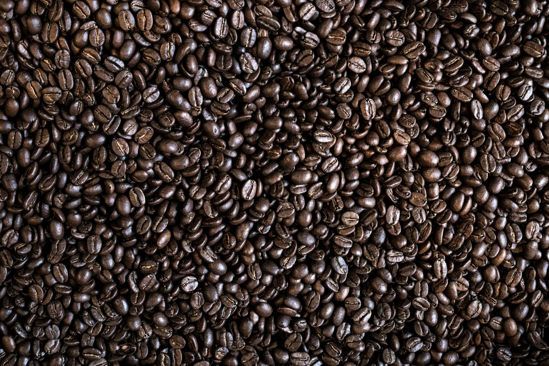 Close-up of glossy roasted coffee beans filling the frame — 5K Ultra HD PC desktop wallpaper background showcasing rich brown coffee tones and tactile texture.