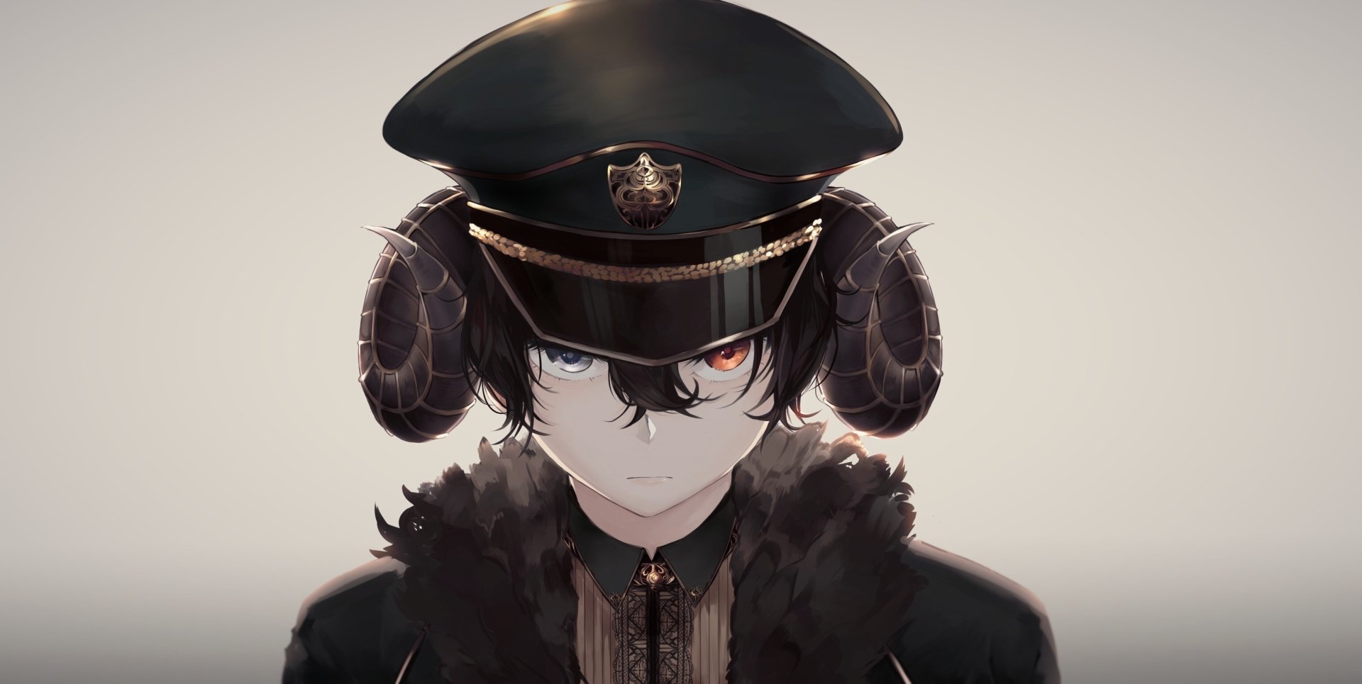 HD anime desktop wallpaper featuring an original character with curved horns, heterochromia eyes, and a dark military-style hat against a neutral background.