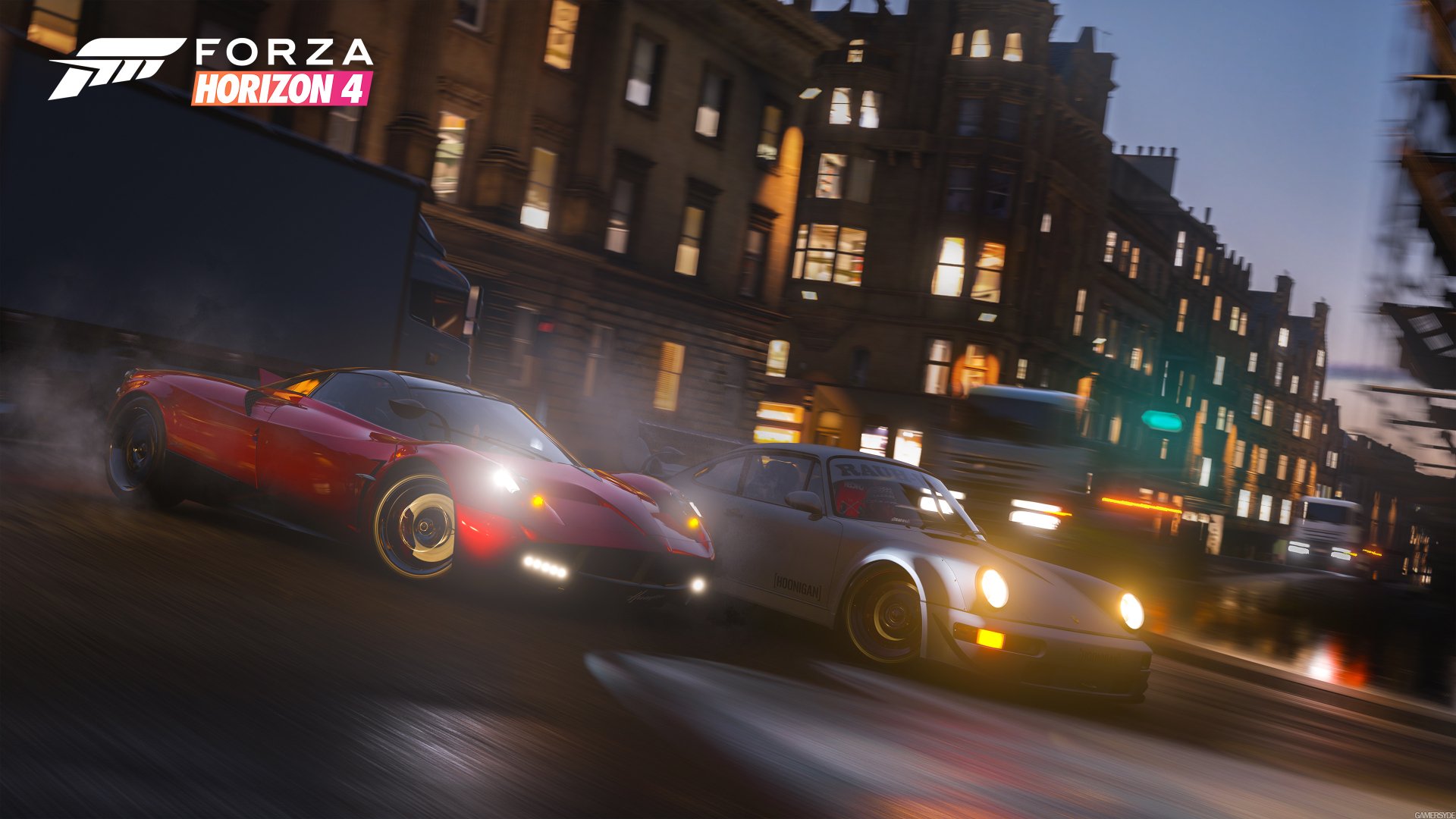 Forza Horizon 4 video game 4K Ultra HD PC desktop wallpaper/background: sports cars drifting through wet city streets at night, streaking headlights and motion blur.