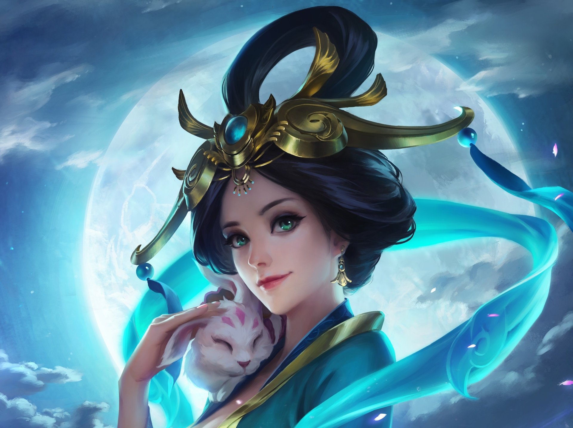 Download Green Eyes Black Hair Moon Cat Fantasy Oriental HD Wallpaper