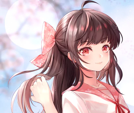 smile cherry blossom moon pink eyes bow (Clothing) brown hair long hair Anime Original HD Desktop Wallpaper | Background Image