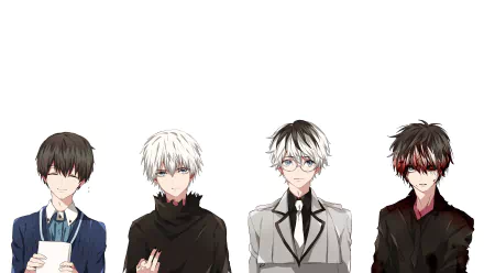 HD desktop wallpaper featuring characters from Tokyo Ghoul, including Haise Sasaki and Ken Kaneki. Characters shown with heterochromia, two-toned hair, black and white hair, red and grey eyes, glasses, and ties.