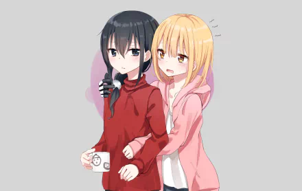 Anime original HD PC desktop wallpaper/background: two girls — black‑haired in a red sweater holding a mug, and a blonde in a pink hoodie embracing her from behind against a soft pale backdrop.