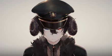HD anime desktop wallpaper featuring an original character with curved horns, heterochromia eyes, and a dark military-style hat against a neutral background.