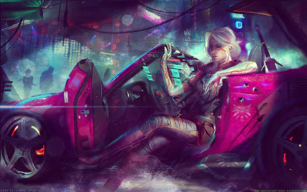 HD wallpaper of Ciri from The Witcher 3: Wild Hunt in a Cyberpunk 2077 crossover, featuring her in a futuristic setting, leaning against a vibrant car with neon lights in the background.