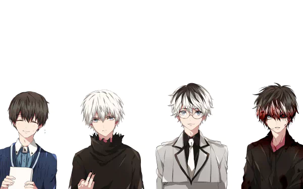 HD desktop wallpaper featuring characters from Tokyo Ghoul, including Haise Sasaki and Ken Kaneki. Characters shown with heterochromia, two-toned hair, black and white hair, red and grey eyes, glasses, and ties.