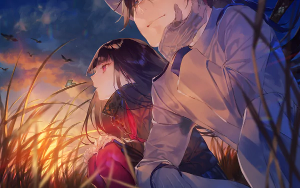 HD anime wallpaper featuring Sakamoto Ryōma and Oryou from Fate/Grand Order and Fate/KOHA-ACE, set against a vibrant sunset background.