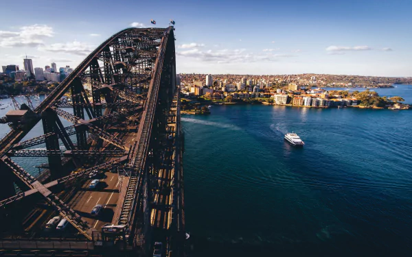 HD desktop wallpaper showcasing the iconic Sydney Harbour Bridge spanning the blue waters of Sydney, Australia, with city skyline and ferry in the background.