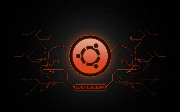 Dark-themed HD desktop wallpaper featuring the Ubuntu Linux logo in a glowing hexagon with circuit-like patterns symbolizing technology and operating system themes.