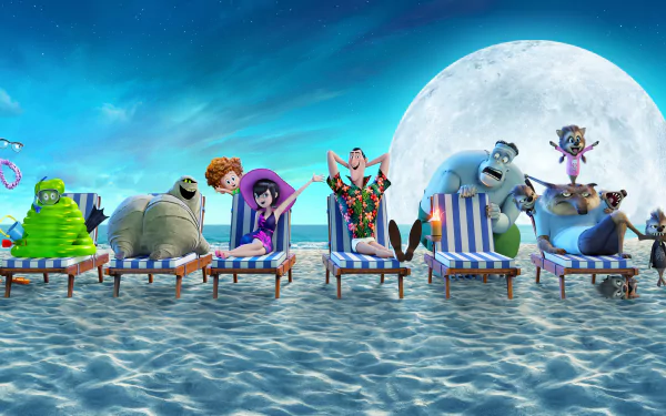 Hotel Transylvania 3: Summer Vacation movie characters lounge on striped beach chairs at a moonlit shore with vibrant ocean and sky — 8K Ultra HD PC desktop wallpaper background.